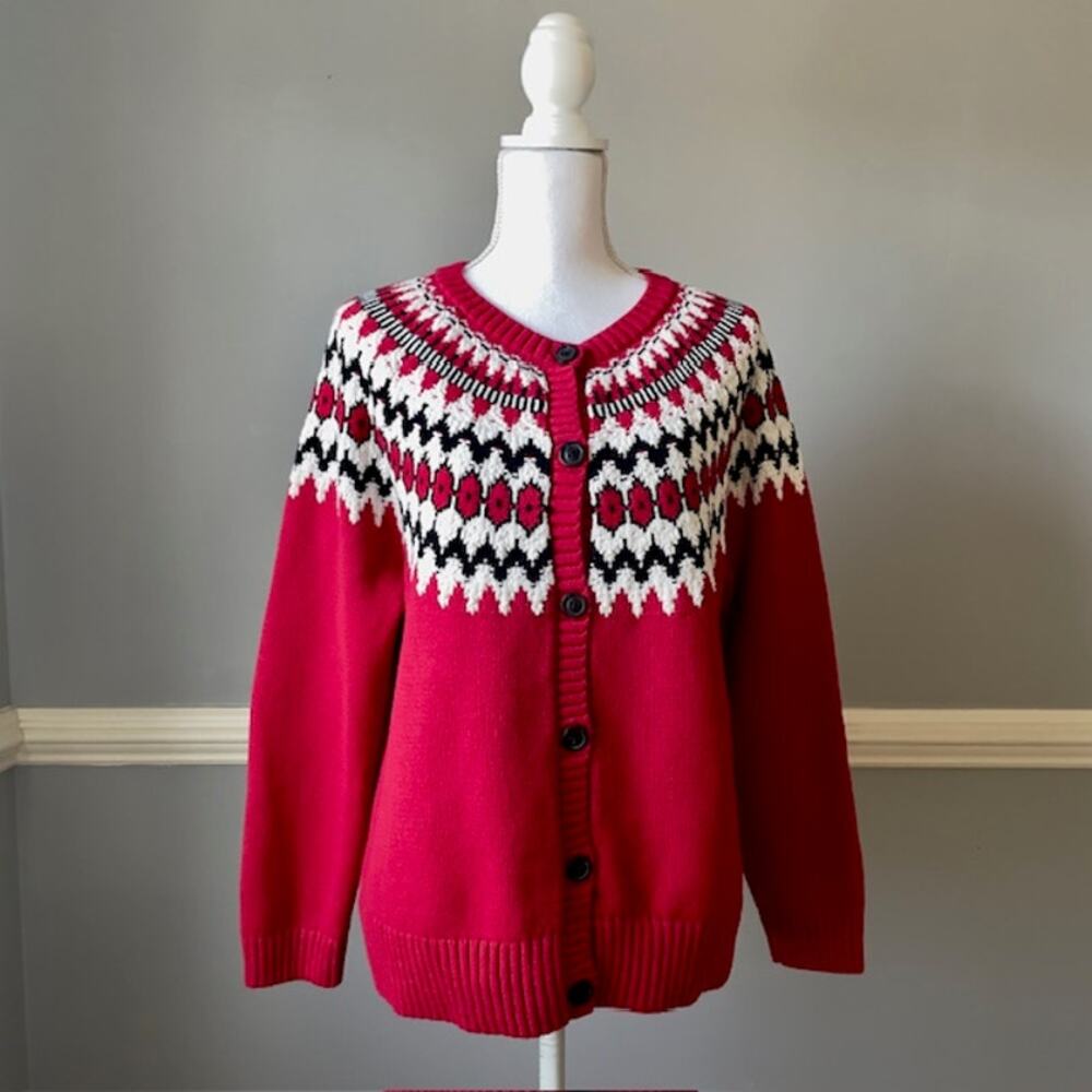 Talbots Plus 1X Red Fair Isle Cardigan Cotton Blend Nordic Sweater Cottagecore